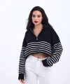 43311 TRİKO ÇİZGİLİ FERMUARLI CROP-SİYAH-EKRU