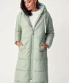 5120 Kapşonlu Uzun Şişme Mont  Mint