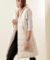 5140 Kapşonlu Uzun Şişme Yelek - Ekru