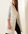 5140 Kapşonlu Uzun Şişme Yelek - Ekru