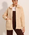 5182 Peluş Detaylı Oversize Şişme Mont  Bej
