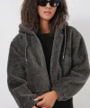 5193 Kapüşonlu Peluş Crop Ceket  Antrasit