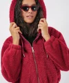 5193 Kapüşonlu Peluş Crop Ceket  Bordo