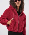 5193 Kapüşonlu Peluş Crop Ceket  Bordo