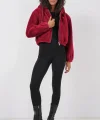 5193 Kapüşonlu Peluş Crop Ceket  Bordo