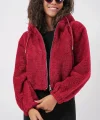 5193 Kapüşonlu Peluş Crop Ceket  Bordo