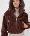 5193 Kapüşonlu Peluş Crop Ceket  Kahverengi