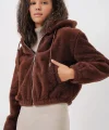 5193 Kapüşonlu Peluş Crop Ceket  Kahverengi
