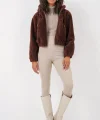 5193 Kapüşonlu Peluş Crop Ceket  Kahverengi