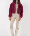 5193 Kapüşonlu Peluş Crop Ceket  Mürdüm