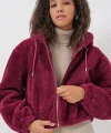 5193 Kapüşonlu Peluş Crop Ceket  Mürdüm