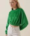55392 Kadife Crop Bluz  Yeşil
