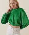 55392 Kadife Crop Bluz  Yeşil