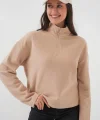 55449 Fermuarlı Yaka Örme Sweatshirt - Camel
