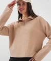 55449 Fermuarlı Yaka Örme Sweatshirt - Camel