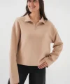 55449 Fermuarlı Yaka Örme Sweatshirt - Camel