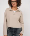 55449 Fermuarlı Yaka Örme Sweatshirt - Krem