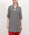 5613 Yaka Bağcıklı Çizgili Tunik - Siyah