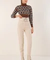 6556 Kemerli Kumaş Pantolon - Krem