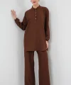 6678 Keten Tunik Pantolon İkili Takım - Kahverengi