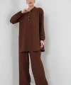 6678 Keten Tunik Pantolon İkili Takım - Kahverengi