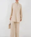 6678 Keten Tunik Pantolon İkili Takım - Krem