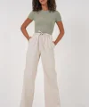 6690 Bol Paça Yüksek Bel Pantolon  Krem