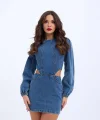 6834 WINDOWED DENIM DRESS-MAVİ