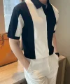 7Erkek Kısa Kollu Polo Yakalı Blok Desenli Triko Bluz