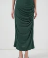 8035 Büzgülü Midi Etek  Zümrüt Yeşili