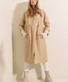 9091 Beli Büzgülü Kapşonlu Trençkot - Bej