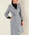 9091 Beli Büzgülü Kapşonlu Trençkot - Gri