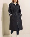 9091 Beli Büzgülü Kapşonlu Trençkot - Lacivert