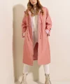 9091 Beli Büzgülü Kapşonlu Trençkot - Pembe