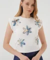 930 Kısa Kol Desenli Crop Bluz - Beyaz