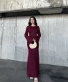 Acık Sırt Detaylı Maxi Uzun Boy Elbise- Bordo