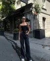 Arkadan Yırtmaçlı Jeans Kot Palazzo Pantolon  iyah