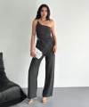 Asimetrik Crop Pantalon ikili Takım - Füme