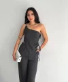 Asimetrik Crop Pantalon ikili Takım - Füme