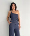 Asimetrik Crop Pantalon ikili Takım - Lacivert