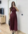 Asimetrik düşük yaka Kolsuz Uzun Elbise - Bordo