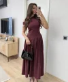 Asimetrik düşük yaka Kolsuz Uzun Elbise - Bordo