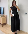 Asimetrik düşük yaka Kolsuz Uzun Elbise - Siyah