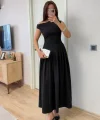 Asimetrik düşük yaka Kolsuz Uzun Elbise - Siyah