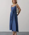 Askılı Basic Uzun Elbise - İndigo