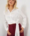 Bağlamalı Uzun Kol Saten Gömlek 20287 - Beyaz