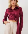 Bağlamalı Uzun Kol Saten Gömlek 20287 - Bordo