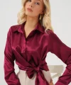 Bağlamalı Uzun Kol Saten Gömlek 20287 - Bordo