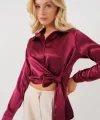 Bağlamalı Uzun Kol Saten Gömlek 20287 - Bordo