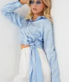 Bağlamalı Uzun Kol Saten Gömlek 20287 - Mavi